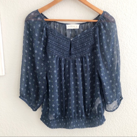 Abercrombie & Fitch Tops - 🔴 Abercrombie & Fitch Sheer Blue Smocked Hem Top